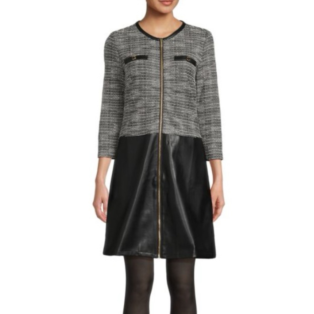 Ellen Tracy JACQUARD KNIT DRESS WITH VEGAN LEATHER SKIRT size Medium like new